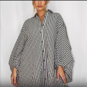 black plaid puff sleeve oversized shirt dress